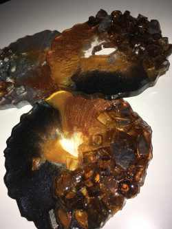 Resin coaster with copper fire glass