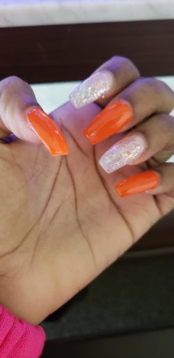 Orange and Clear Glitter nails