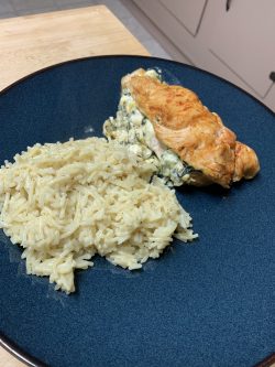 Stuffed chicken with spinach and cream cheese and herb rice