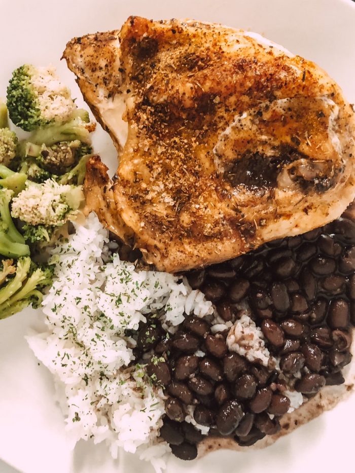 chicken, rice, beans, broccoli 🥦