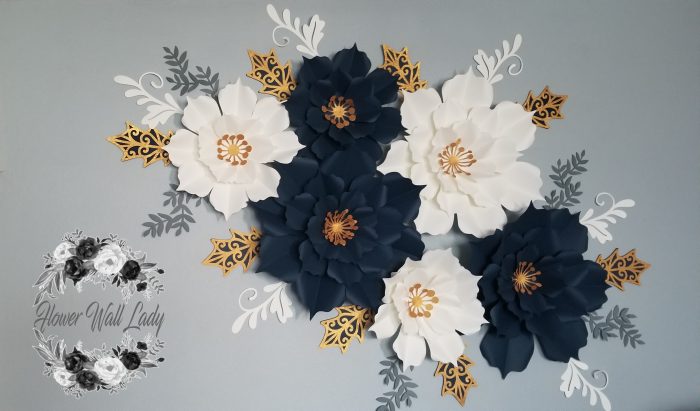 Holiday Paper Flower Wall. Navy, white, gray, and gold