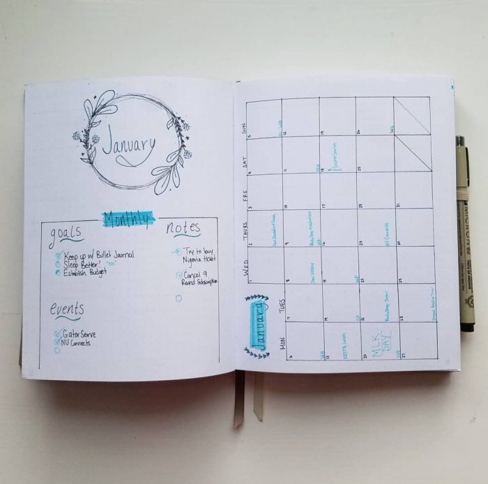 January Monthly Spread ~ Bullet Journal 2020