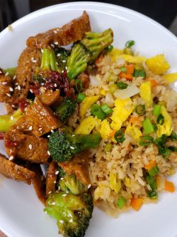 Vegan sesame broccoli and “beef” and fried rice