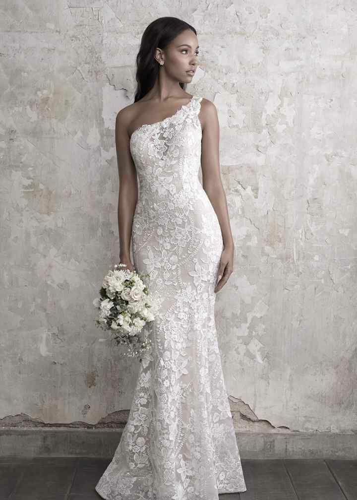 one shoulder lace floor length wedding gown