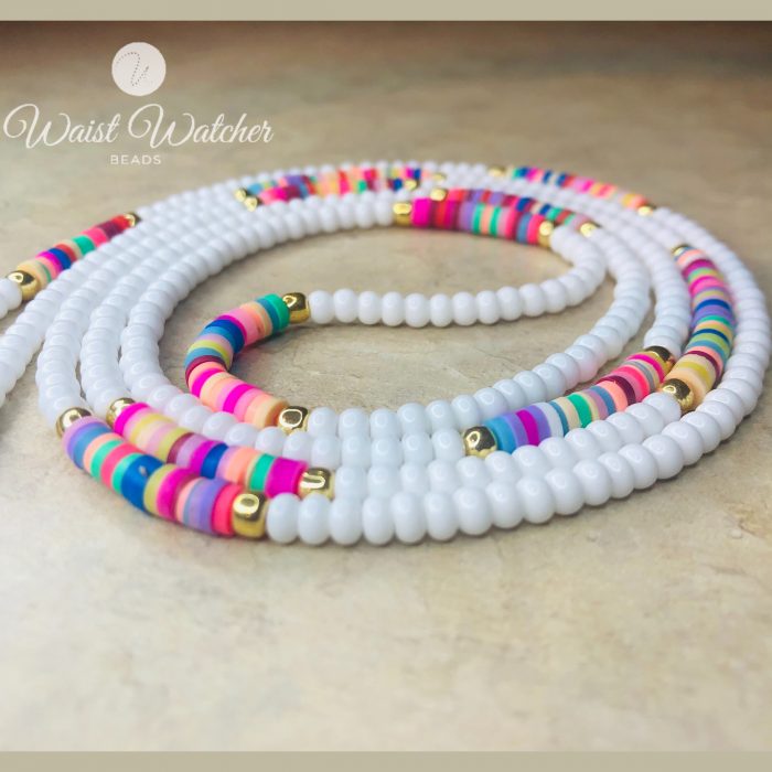 Colorful waist beads. White seed beads and multicolored disc beads.
