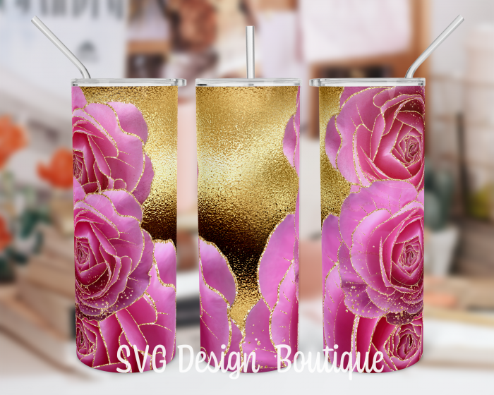Gold Floral Abstract Tumbler Template | Pink Roses Tumbler PNG | Floral Tumbler Wrap | Floral Tu ...