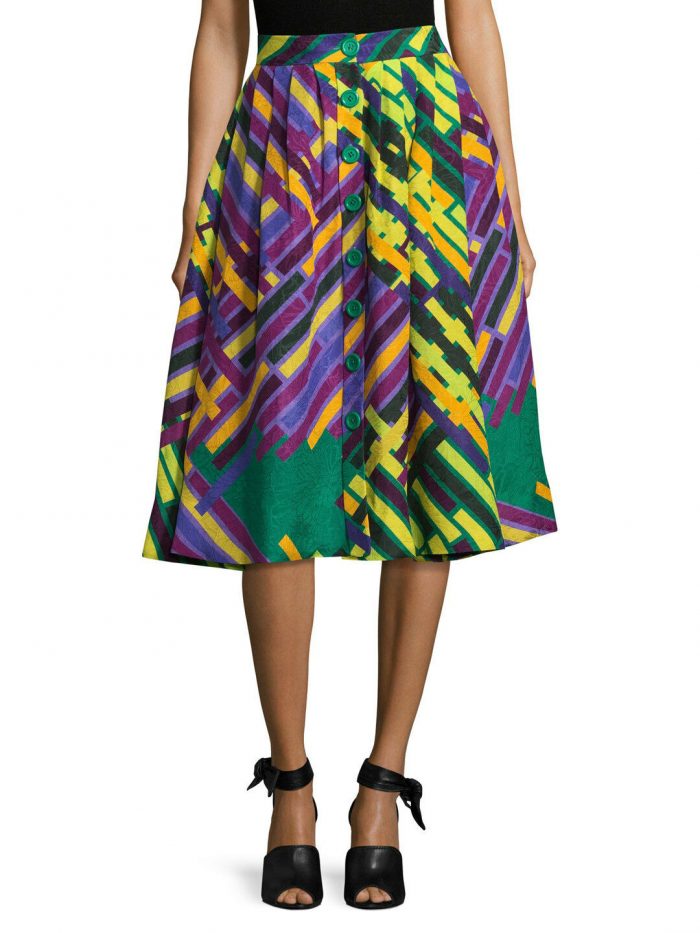 Tracy Reese Linen/Silk Pleated Print A line Midi Skirt, Purple multi, size 6