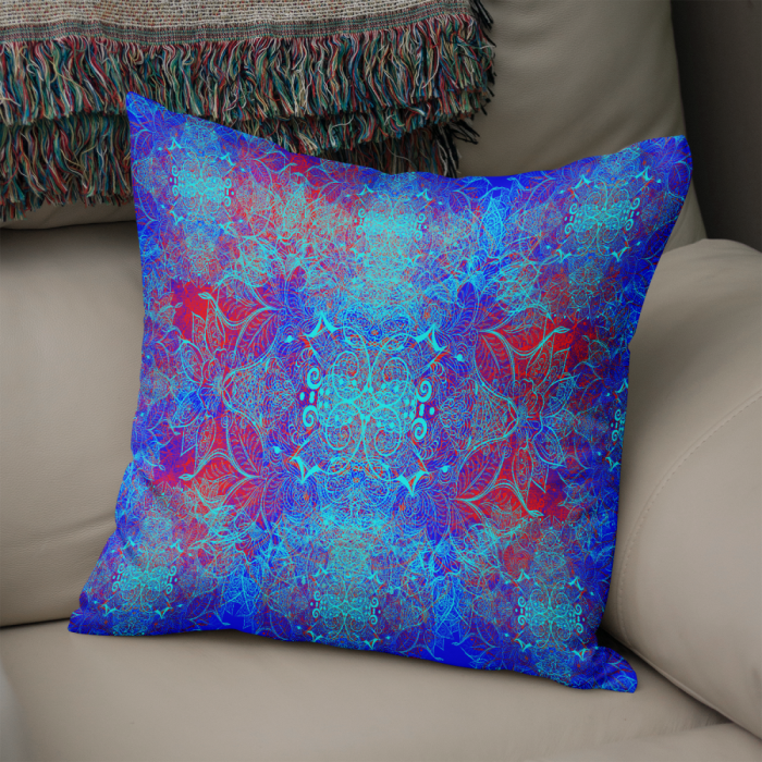 LEAF BLOOM CUSHION in BLUE with RED UNDERTONE FAUX SUEDE (VEGAN SUEDE) or POLY LINEN