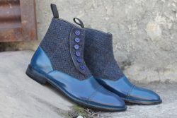 Awesome Handmade Men’s Blue Leather Gray Tweed Cap Toe Button Boots, Men Fashion Ankle Boots