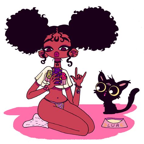 Black girl cartoon with black cat