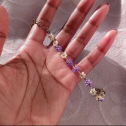 Purple & Cream Handmade Beaded Daisy Flower Bracelet